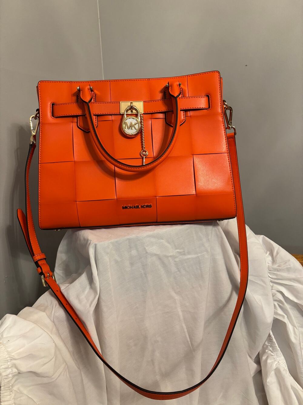 Michael Kors Saffiano Leather Medium Hamilton Woven Satchel in Poppy